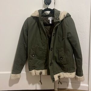 Arizona Jacket Womens Green Denim Quilted Hooded Sherpa Button Up Coat